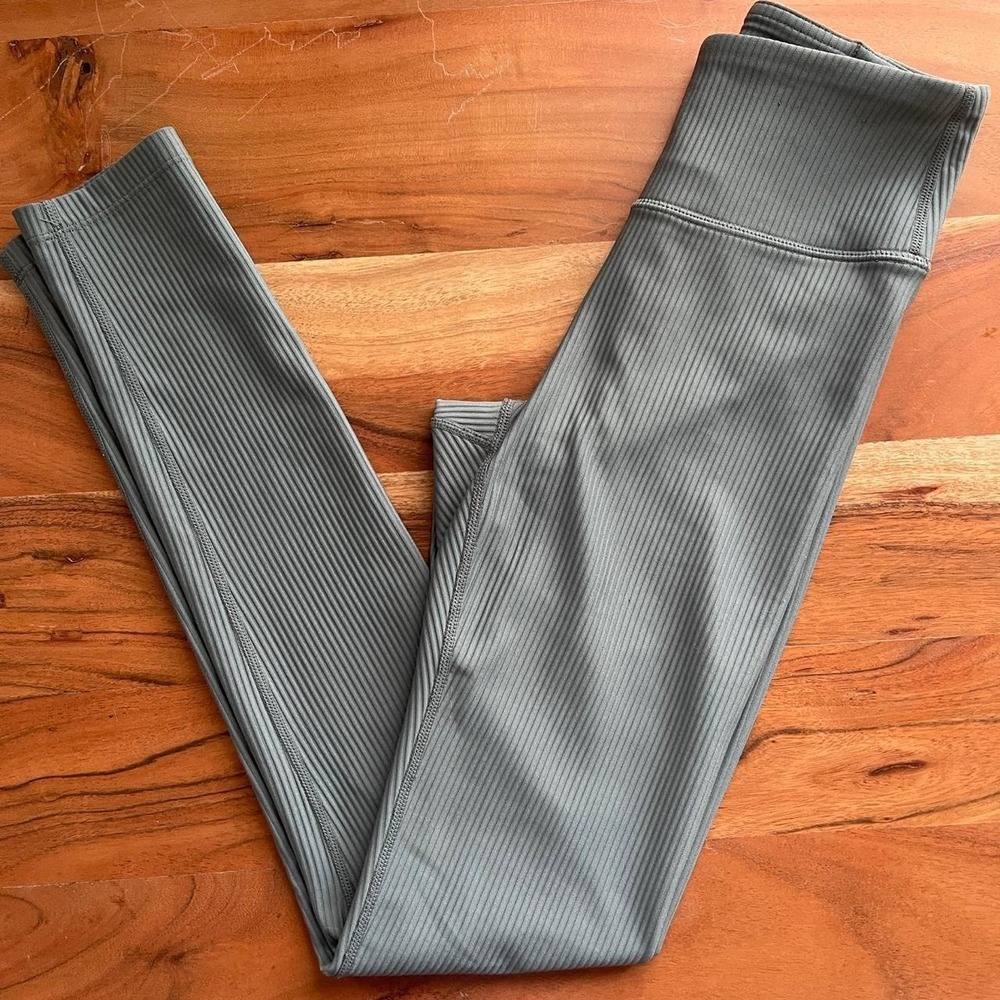 FLX Womens Ribbed High Waisted Leggings Dusty Blue Green XS Activewear Yoga